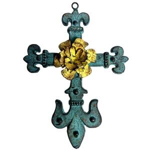 Ornamental Cast Iron Metal Cross Embellished with Unique Art Metal Floral Center